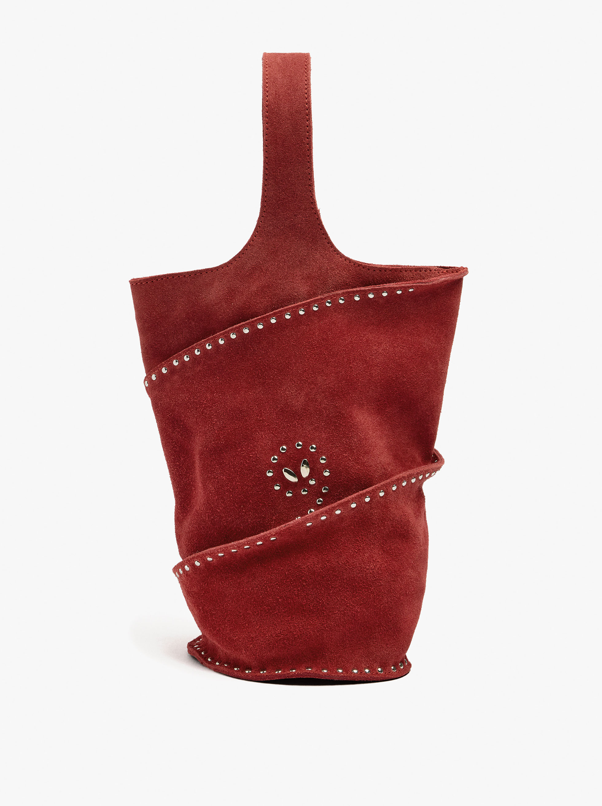 Bolso de mano cilíndrico de cuero con tachas