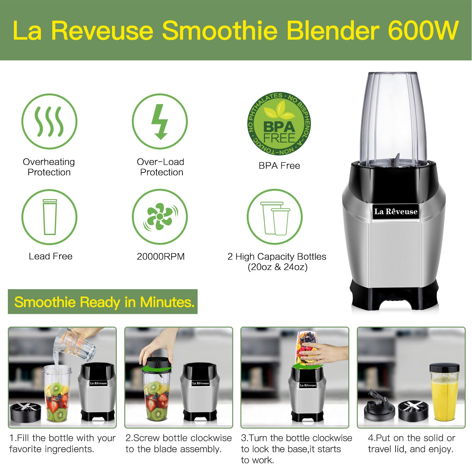 La Reveuse 600W Personal Blender — BPA Free Bottles & Dishwasher Safe Parts | Portable Design