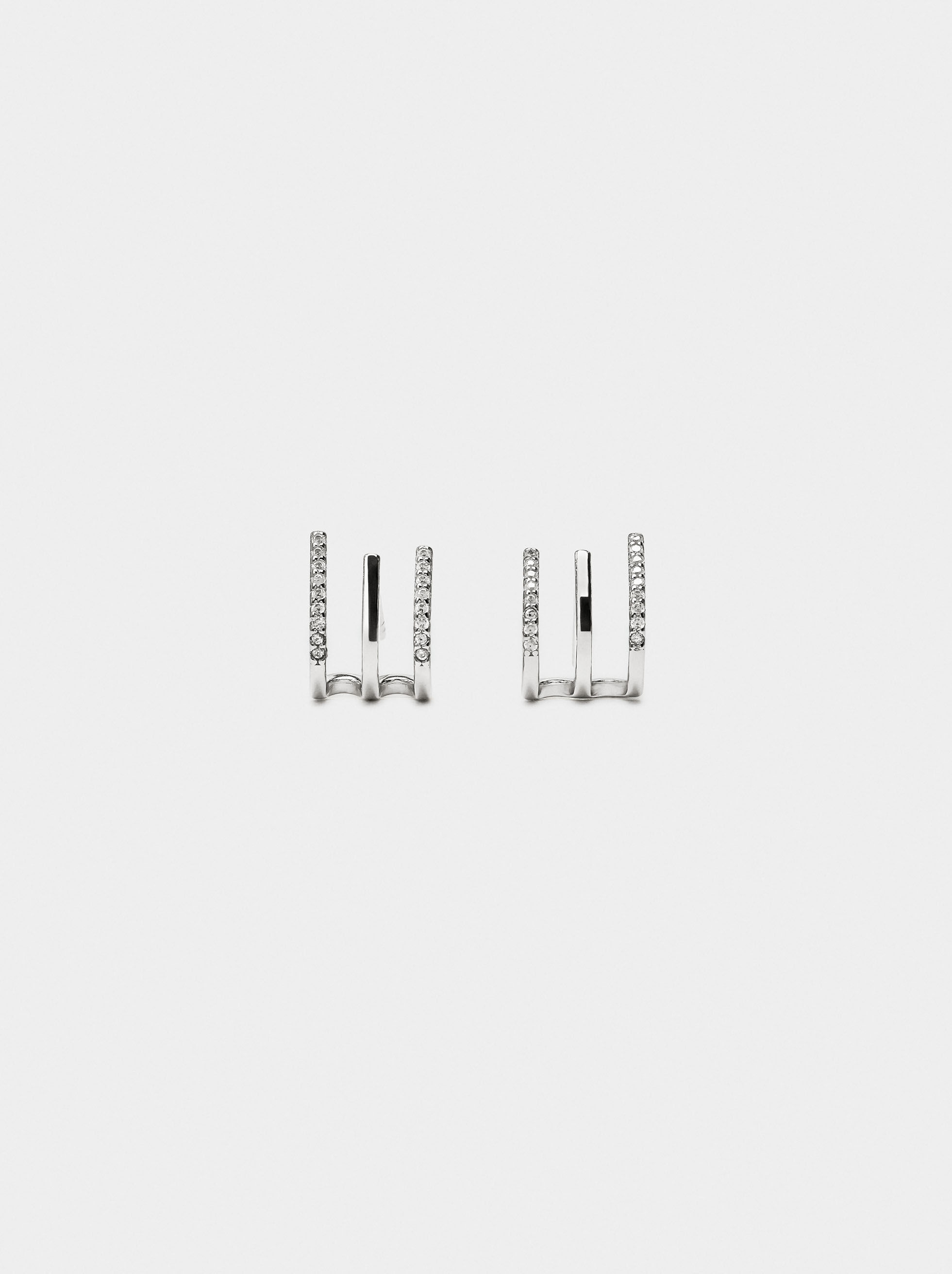 Pendientes de efecto triple zirconias - plata de ley 925