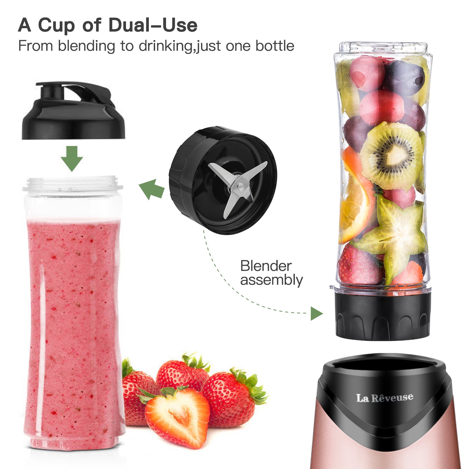 La Reveuse Personal Smoothie Blender — 300W, 18oz BPA Free Bottles