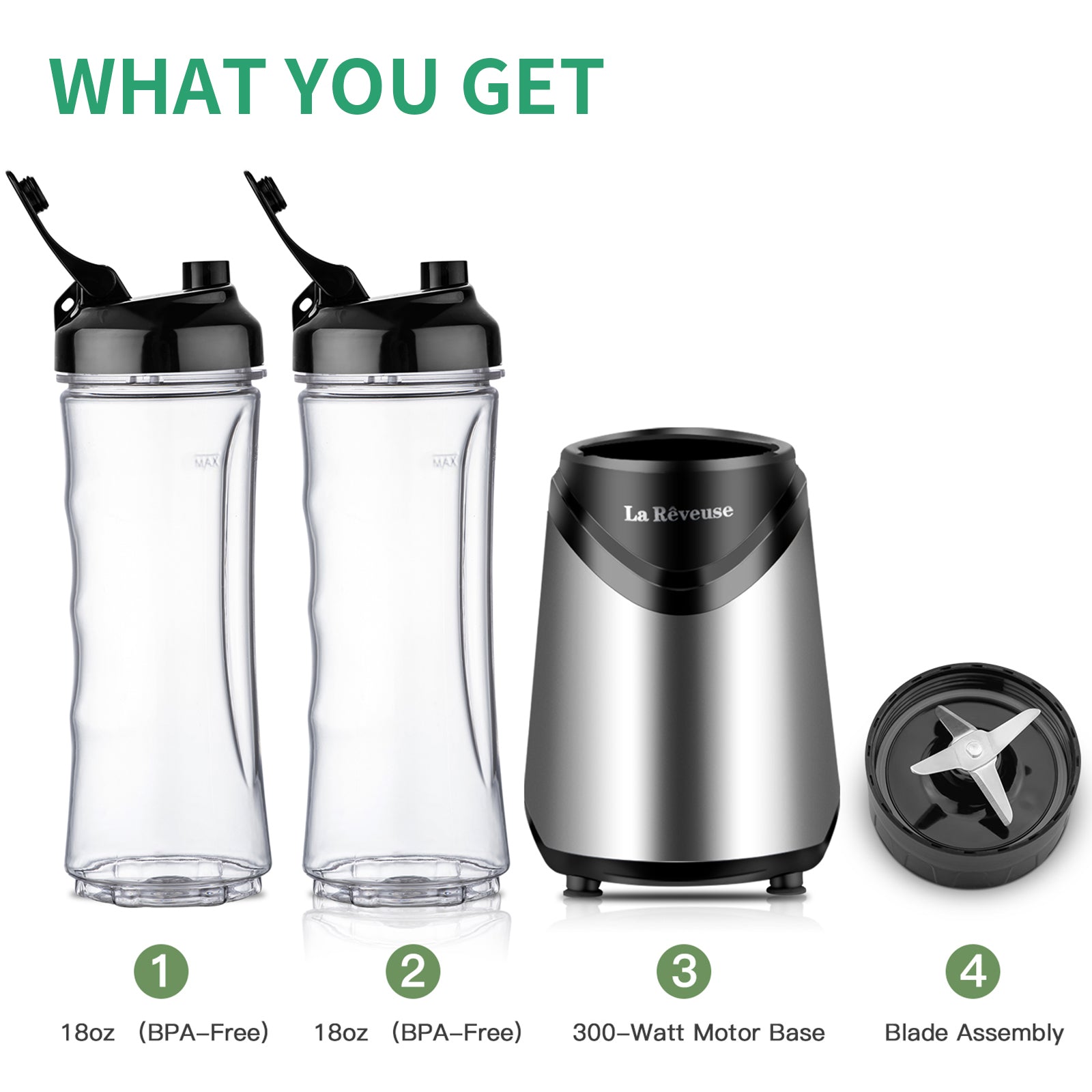 Smoothies Blender 300W with 2 x 18oz BPA Free Portable Bottles